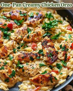 pasta with chicken and tomatoes in a skillet