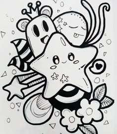 a drawing of an octopus with stars and flowers on it's head, in black and white