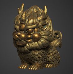 a golden lion statue on a black background