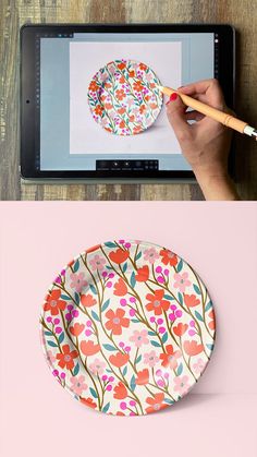 two plates with different designs on them, one is being drawn and the other is using a tablet