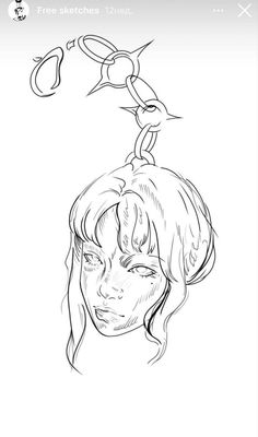 a drawing of a woman's face with scissors hanging from her head