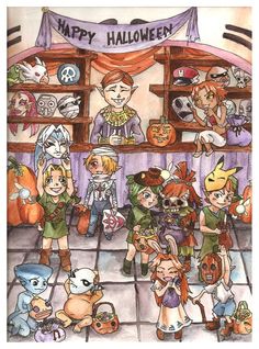 an image of children dressed up in halloween costumes with pumpkins and other items around them