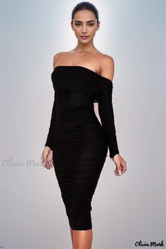 Olivia Mark - Seductive and Sophisticated Long Sleeve Pleated Mesh Party Dress for Cocktail Events Ruched Long Sleeve Bodycon Evening Dress, Sleek Long Sleeve Evening Bodycon Dress, Black Off-shoulder Bodycon Dress For Night Out, Off-shoulder Black Bodycon Dress For Night Out, Black Stretch Bodycon Dress For Party, Sleek Off-shoulder Bodycon Dress For Formal Events, Black Stretch Dresses For Party, Black Stretch Party Dress, Fitted Off-shoulder Party Mini Dress