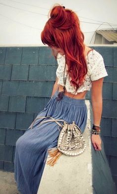 Alternative Fashion Men, Indie Outfits Alternative Fashion, Maxi Skirt Crop Top, Coachella Fashion, Copper Hair, Summer Hair Color, Red Hair Color