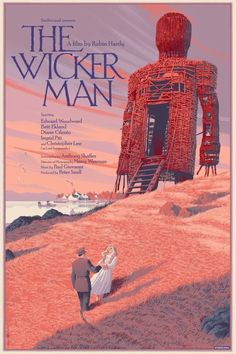 a movie poster with a man and woman walking towards a red structure on top of a hill