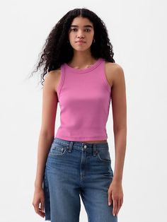 Modern Rib Cropped Halter Top | Gap Fitted Cropped Top By Gap, Spring Stretch Tops By Gap, Trendy Gap Tops For Spring, Gap Tops For Spring, Gap Cropped Tops For Spring, Trendy Gap Tank Top For Summer, Trendy Gap Summer Tank Top, Fitted Gap Crop Top For Spring, Gap Seamless Summer Tops