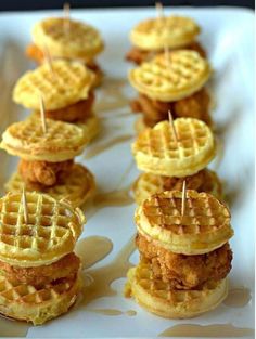 chicken and waffles are served with toothpicks