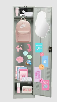 an open locker with various items on it