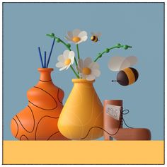 three vases with flowers in them and one has a bee on the side,