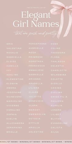 an elegant girl names poster with pink bows