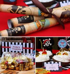 a pirate themed birthday party with desserts and decorations