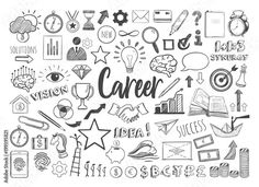 the word career surrounded by hand drawn doodles and icons on a white background stock photo