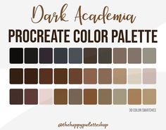 the dark acnema procreate color palette is shown in shades of brown, beige