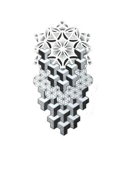 an abstract drawing of cubes and snowflakes in black and white on a white background