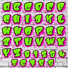 graffiti font and numbers in neon green on a white brick wall with pink splatters