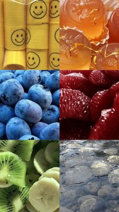 there are four pictures with different fruits and vegetables in the same photo, one has blueberries, one has raspberries, another has kiwis