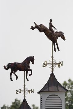 the weather vane has two horses and a man riding on it, one is standing on a horse