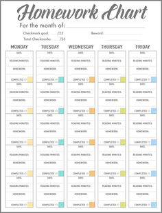 a printable homework chart with the words homework chart for the month of monday and friday