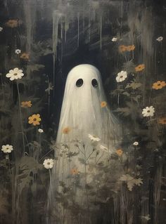 a painting of a ghost surrounded by flowers