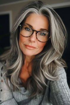 Long Layered Gray Hair Over 50, Long Layered Grey Hair, Grey Hair Green Eyes, Grey Highlights On Dark Hair Brunettes, Ombre Grey Hair, Long Grey Hair, Natural Grey Hair, Long Hair Older Women, Grey Hair And Glasses