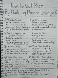 a notebook with writing on it that says how to get rich by building massive leverage