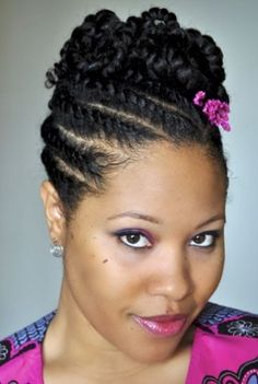 Cornrow updo Natural Updo, Flat Twist Hairstyles, Flat Twist Updo, Twisted Updo, Braided Styles, Updo Styles, African Hair, Hairstyles Women