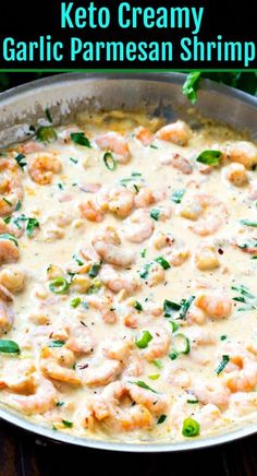 keto creamy garlic parmesan shrimp in a skillet