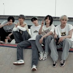 four boys sitting on the edge of a skateboard ramp and one boy holding a camera