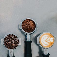 three different types of espresso and coffee beans on a table with the top down