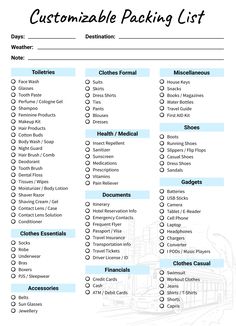 a printable packing list for travelers with the text, customizable packing list