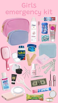 the contents of an emergency kit are shown on a pink background with text that reads, girls emergency kit