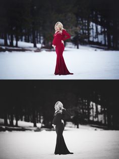 two different images of a woman in a red dress standing in the snow and looking back