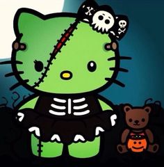 a hello kitty halloween scene with a teddy bear in the foreground and a skeleton on top