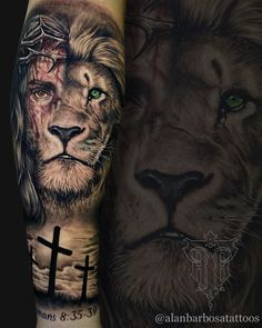 a lion and cross tattoo on the arm