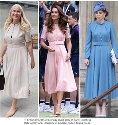 three pictures of women in dresses and hats, one is wearing a blue hat while the other has a pink dress