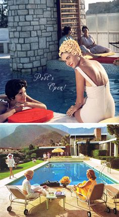 two pictures with people sitting at tables near a swimming pool and one has a woman in a bathing suit