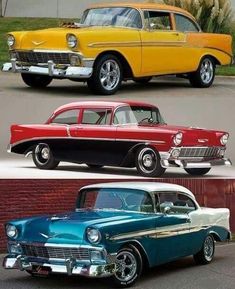 two old cars are shown side by side in different colors and styles, one is red, the other is yellow