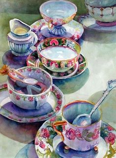 a painting of tea cups and saucers with spoons on the side, painted in watercolor