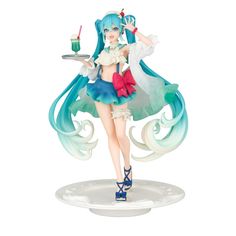 an anime figurine holding a tray with a drink on it