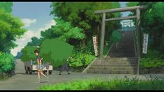 an anime scene with a man pushing a cart down the road and trees on either side