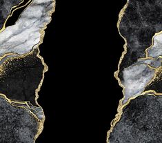 two pieces of black and gold marble on a black background