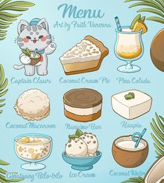 a poster with different types of desserts and drinks on it's side, including ice cream