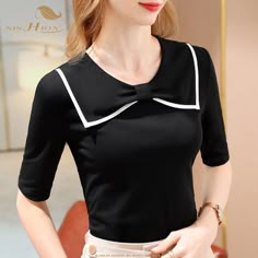 AU $19.09 30％ Off | SISHION Half Sleeve Bow Neck Women Autumn T Shirt VD2335 Vintage Black White Cotton Blouses Tops Ladies Tops Blouses, Womens Trendy Dresses, Myanmar Dress Design, Womens Tops Dressy, Fashion Top Outfits, Neck Women, Fashion Tops Blouse, Autumn T Shirts