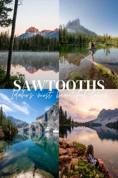 the cover of sawtooths magazine features images of mountains, lakes and trees with text overlay