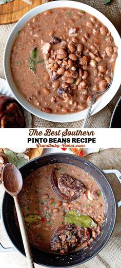 two pictures of beans in a bowl with spoons