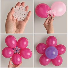 four different pictures of balloons and flowers being held by someone's hand with one balloon in the shape of a flower