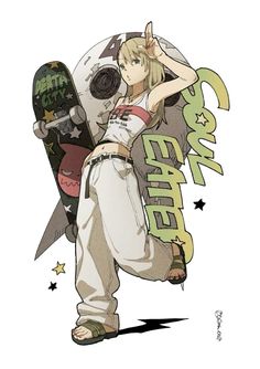 an anime character holding a skateboard in his hand