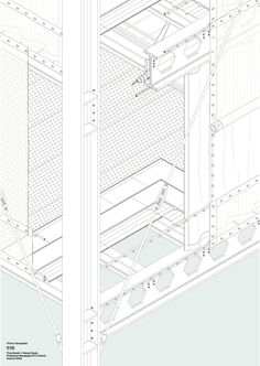 two drawings showing the inside and outside sections of a building with metal bars on each side