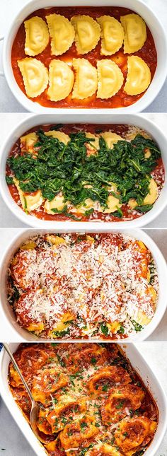 four different types of lasagna casserole with cheese and spinach on top