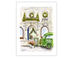 an old green truck parked in front of a building with wreaths on the windows